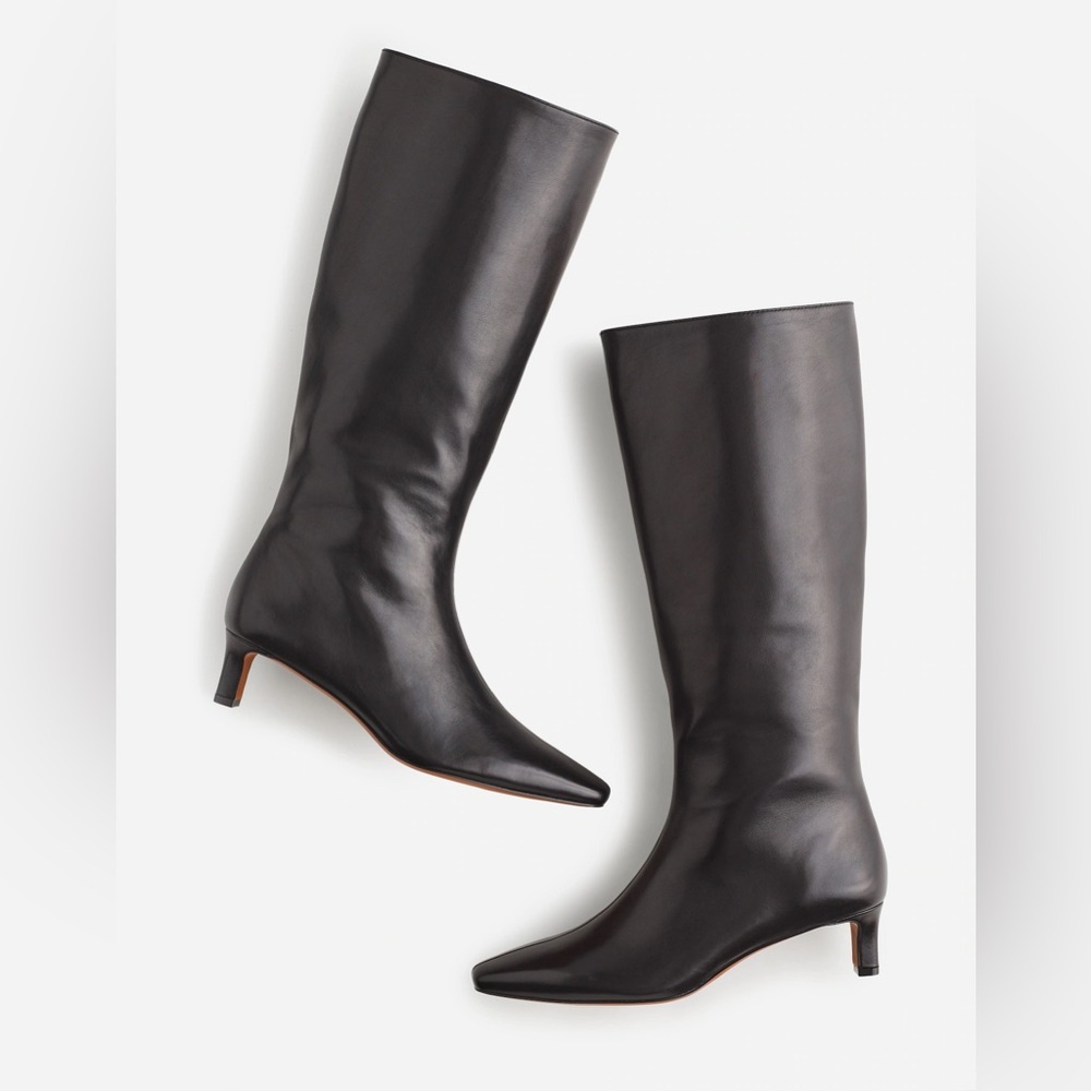 Madewell Black Leather Mid-Knee Kitten Heel Boots